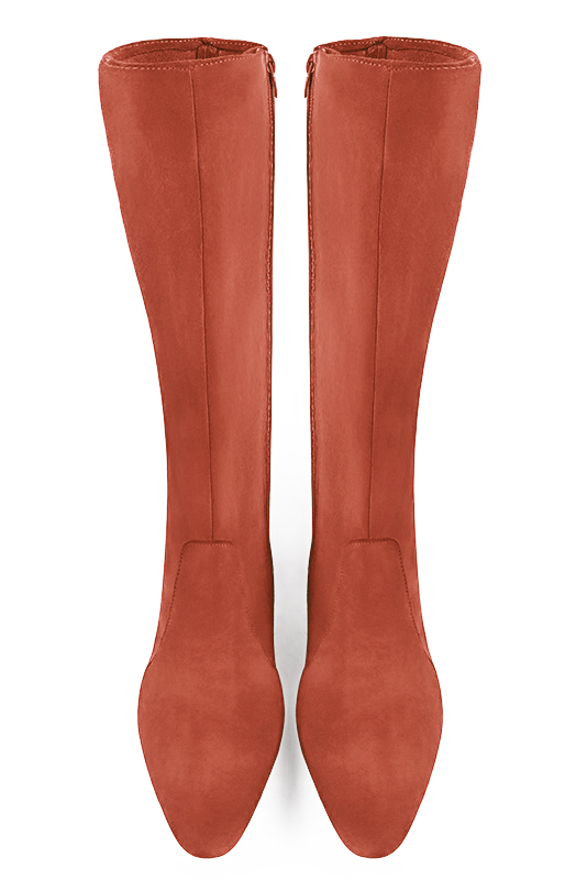 Terracotta orange women's feminine knee-high boots. Round toe. Low flare heels. Made to measure. Top view - Florence KOOIJMAN